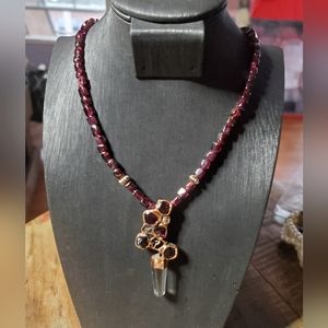 20" Garnet & Gold Beaded w/ Garnet & Quartz Pendant Necklace